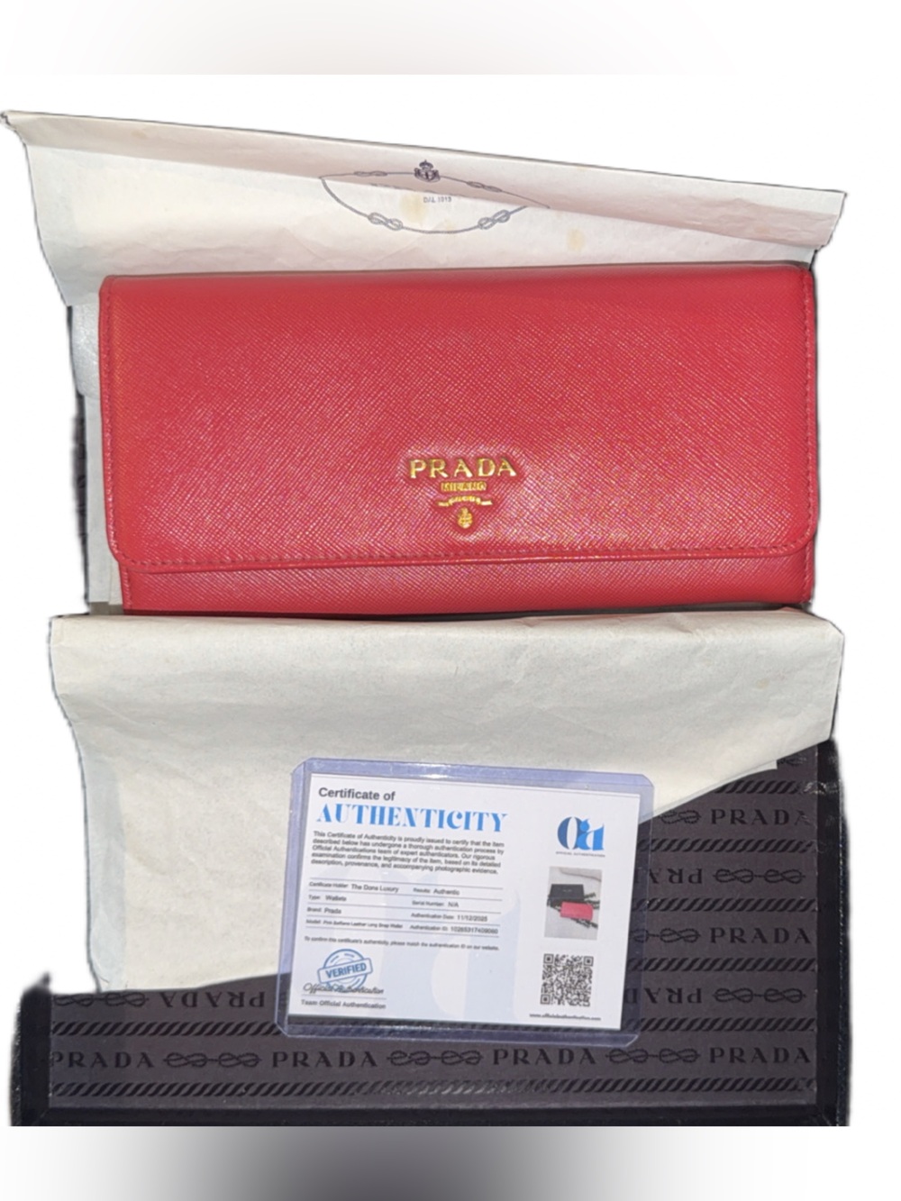 Prada Saffiano Leather Continental Wallet in Red with Gold Logo
